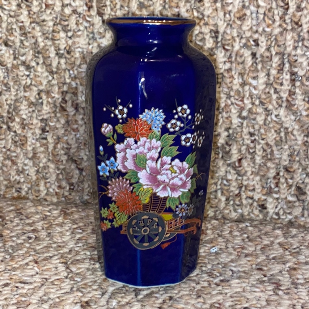 Cobalt Blue Porcelain Vase with Flower Cart Design